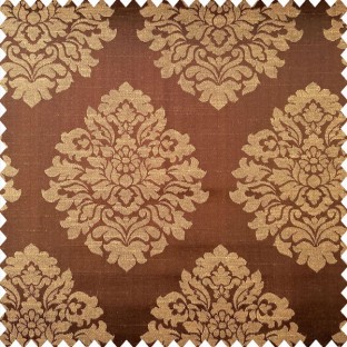 Chocolate brown gold color traditional damask designs texture finished surface swirls horizontal lines polyester main curtain